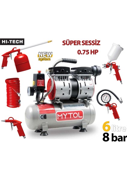 Mytol 6 Litre 8 Bar Süper Sessiz Yağsız Hava Kompresörü 5 Li Havalı Setli 0.75 Hp Beyaz