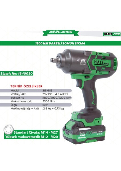 RB-818 1300 Nm 21 V Profesyonel Darbeli Somun Sıkma