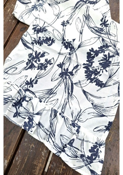 Lacivert Çiçekli Pileli Runner - Dekoratif Runner - Keten Pileli Runner 40 x 110 cm