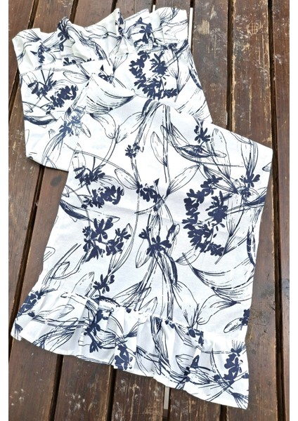 Lacivert Çiçekli Pileli Runner - Dekoratif Runner - Keten Pileli Runner 40 x 110 cm