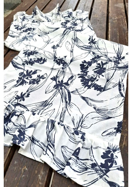 Lacivert Çiçekli Pileli Runner - Dekoratif Runner - Keten Pileli Runner 40 x 110 cm