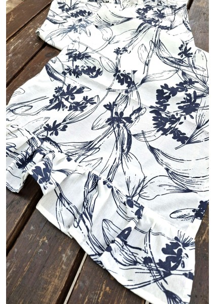 Lacivert Çiçekli Pileli Runner - Dekoratif Runner - Keten Pileli Runner 40 x 110 cm