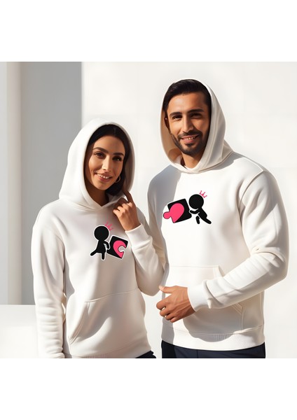 Kalp Puzzle Görselli Sevgililer Günü Slimfit Kapüşönlu Erkek Sweatshirt 7012E
