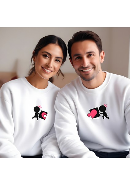 Kalp Puzzle Görselli Sevgililer Günü Bisiklet Yaka Erkek Slimfit Sweatshirt 7012E