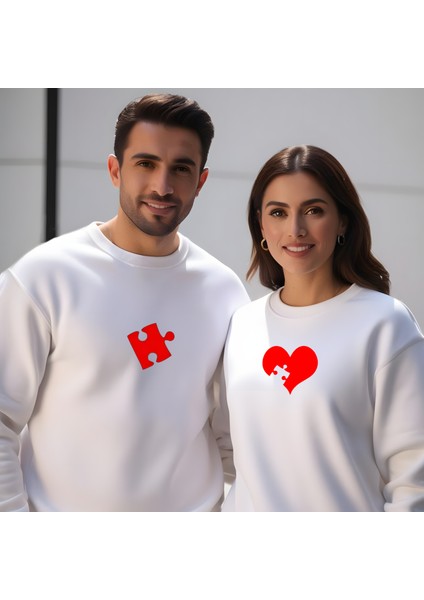 Puzzle Kalp Görselli Sevgililer Günü Bisiklet Yaka Erkek Slimfit Sweatshirt 7013E