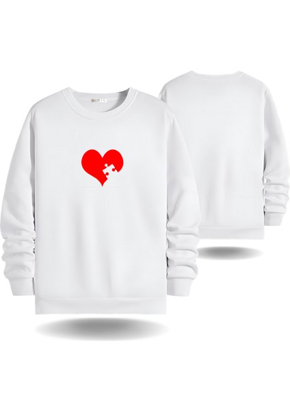 Puzzle Kalp Görselli Sevgililer Günü Bisiklet Yaka Kadın Slimfit Sweatshirt 7013K