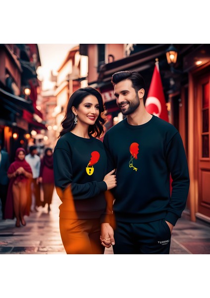Kalp Kilidi Sevgililer Günü Bisiklet Yaka Erkek Slimfit Sweatshirt 7016E
