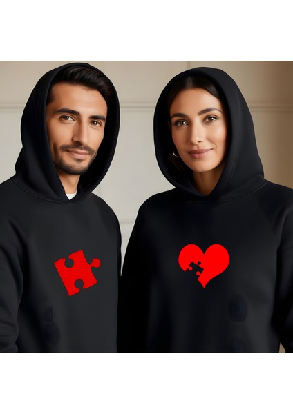 Puzzle Kalp Görselli Sevgililer Günü Slimfit Kapüşönlu Erkek Sweatshirt 7013E