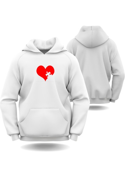 Puzzle Kalp Görselli Sevgililer Günü Slimfit Kapüşönlu Hoodie Kadın Sweatshirt 7013K