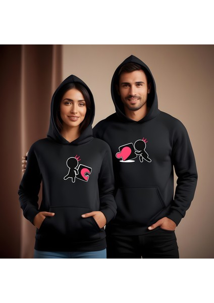 Kalp Puzzle Görselli Sevgililer Günü Slimfit Kapüşönlu Hoodie Kadın Sweatshirt 7012K