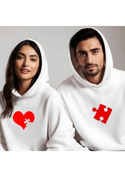 Puzzle Kalp Görselli Sevgililer Günü Slimfit Kapüşönlu Erkek Sweatshirt 7013E