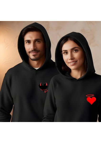Şeytan Kalpli Sevgililer Günü Slimfit Kapüşönlu Erkek Sweatshirt 7018E