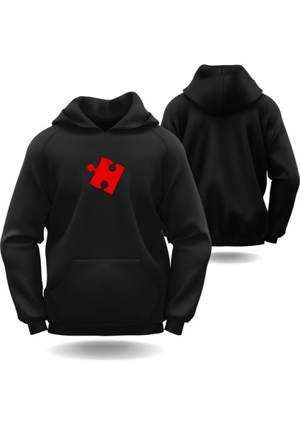 Puzzle Kalp Görselli Sevgililer Günü Slimfit Kapüşönlu Erkek Sweatshirt 7013E