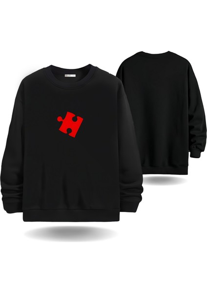 Puzzle Kalp Görselli Sevgililer Günü Bisiklet Yaka Erkek Slimfit Sweatshirt 7013E