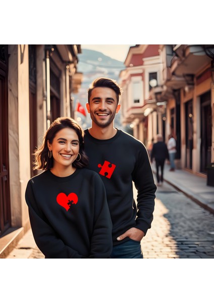 Puzzle Kalp Görselli Sevgililer Günü Bisiklet Yaka Erkek Slimfit Sweatshirt 7013E