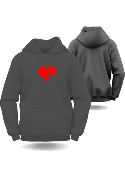 Puzzle Kalp Görselli Sevgililer Günü Slimfit Kapüşönlu Hoodie Kadın Sweatshirt 7013K