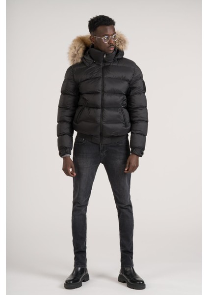 Slimfit Kürklü Kapşonlu (Kürk ve Kapşon Çıkmalı) Beli Lastikli Şişme Mont