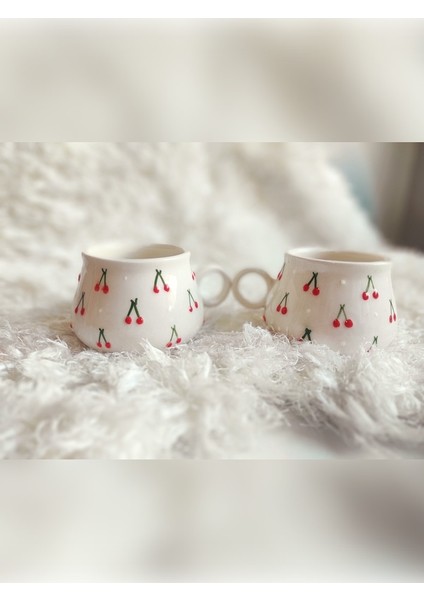 Kupa Bardak Kabartma Kiraz Desenli Yüzük Kulplu 2'li