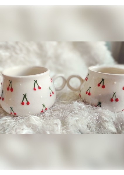 Kupa Bardak Kabartma Kiraz Desenli Yüzük Kulplu 2'li