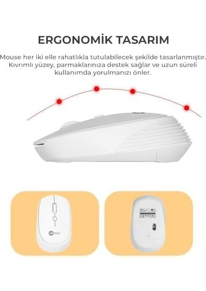 KM2001 Kablosuz Türkçe Q Klavye & Mouse Set - Qwerty Türkçe Dizilim Klavye, 1200DPI Optik Fare, Win/mac Uyumlu, Sıvı Dökülmesine Dayanıklı, Tam Boyutlu Türkçe Q Klavye Mouse Seti Beyaz
