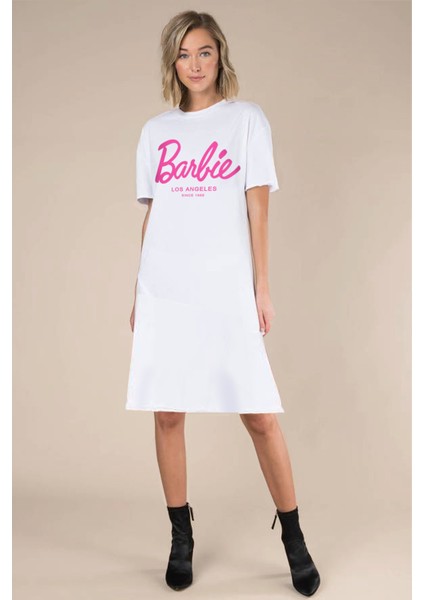 Barbie Girl Beyaz Kısa Kol Diz Üstü Orta Boy Penye Elbise