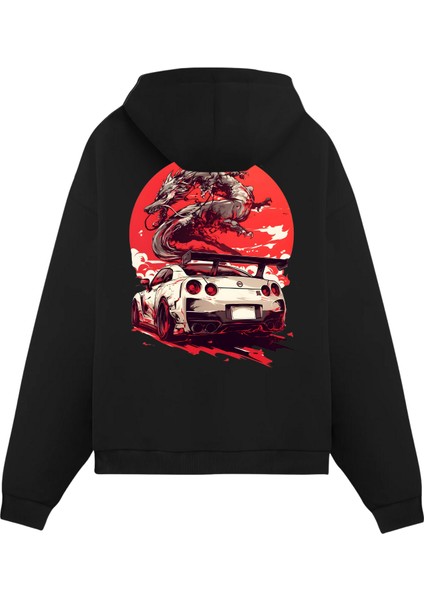 Siyah Gtr-35 Baskılı Oversize Fit Pamuklu Kapüşonlu Sweatshirt