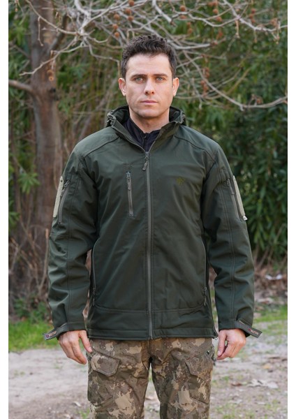 Haki 5 Cepli Kapüşonlu Softshell Soğuk Geçirmez Mont