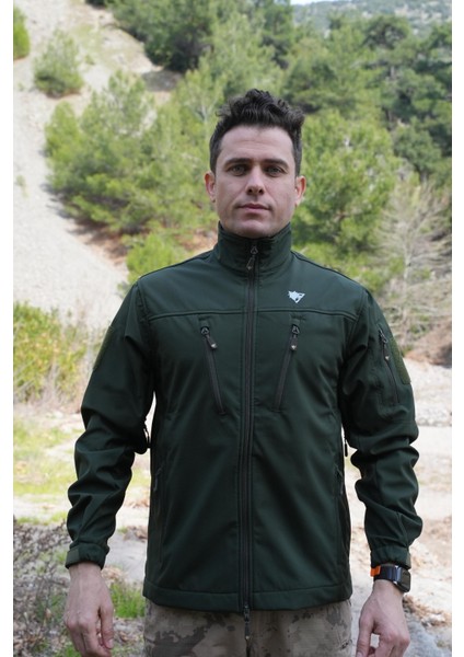 Softshell Mont Haki, 7 Cepli Rüzgar Geçirmez Softshell Mont Haki, Outdoor Erkek Mont