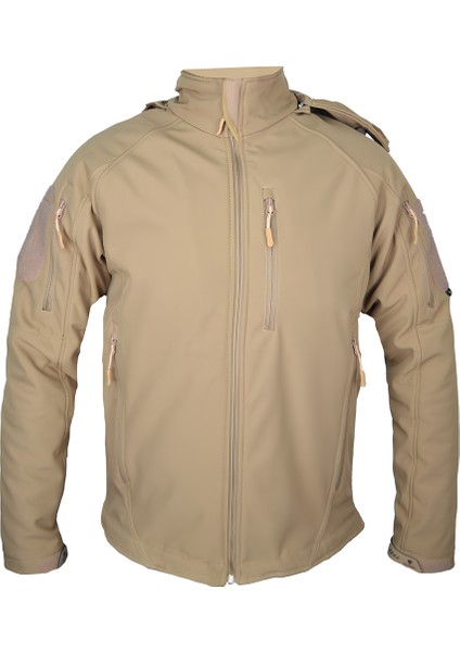 Bej 5 Cepli Kapüşonlu Softshell Soğuk Geçirmez Mont