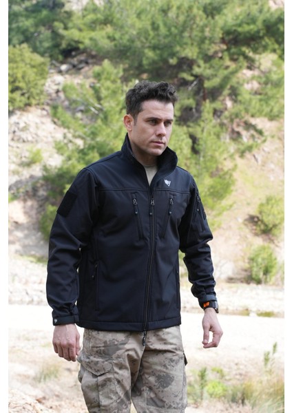 Softshell Mont Siyah, 7 Cepli Rüzgar Geçirmez Softshell Mont, Outdoor Siyah Mont