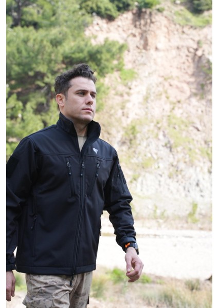 Softshell Mont Siyah, 7 Cepli Rüzgar Geçirmez Softshell Mont, Outdoor Siyah Mont