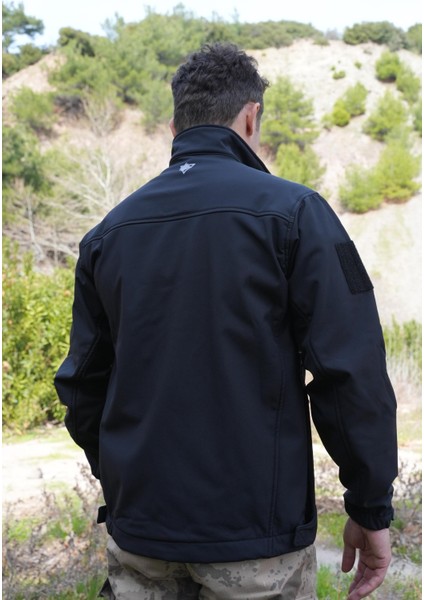 Softshell Mont Siyah, 7 Cepli Rüzgar Geçirmez Softshell Mont, Outdoor Siyah Mont