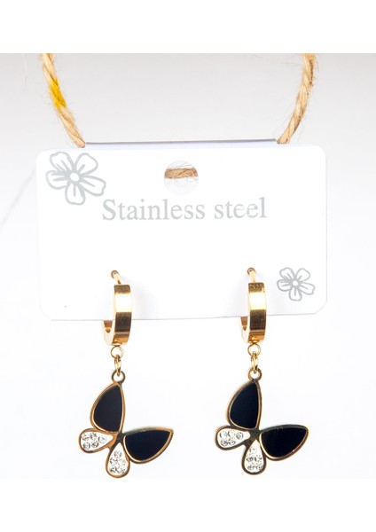 Kelebek Figürlü Zirkon Taşlı Çelik Küpe