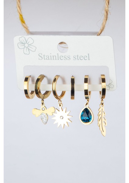 Çiçek Yaprak Figürlü Çoklu Çelik Küpe