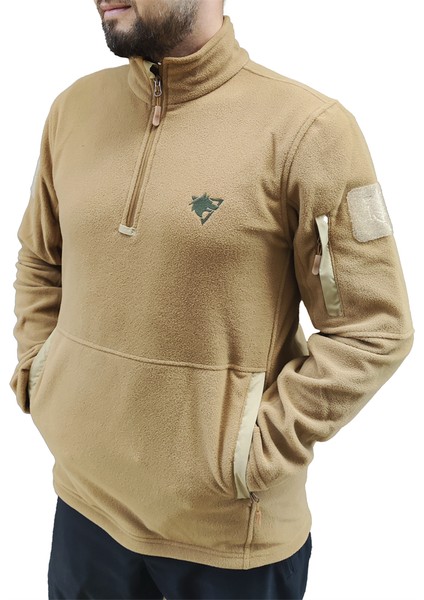 Bej Renk Sıcak Tutan Çeyrek Fermuarlı Polar Kazak, 2 Cepli Yumuşak Sweatshirt