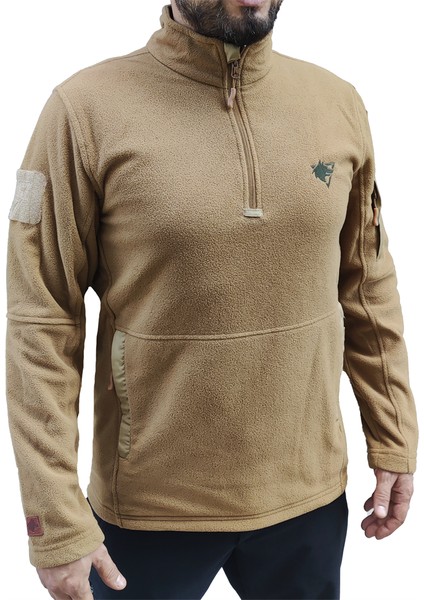 Bej Renk Sıcak Tutan Çeyrek Fermuarlı Polar Kazak, 2 Cepli Yumuşak Sweatshirt fiyatları