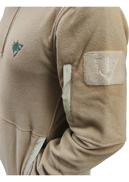 Bej Renk Sıcak Tutan Çeyrek Fermuarlı Polar Kazak, 2 Cepli Yumuşak Sweatshirt modelleri