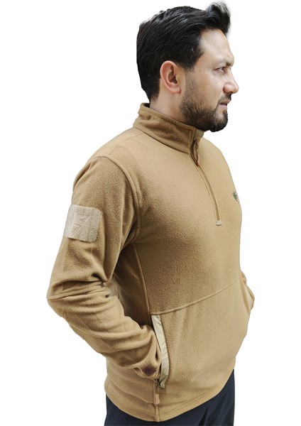 Bej Renk Sıcak Tutan Çeyrek Fermuarlı Polar Kazak, 2 Cepli Yumuşak Sweatshirt fırsatları