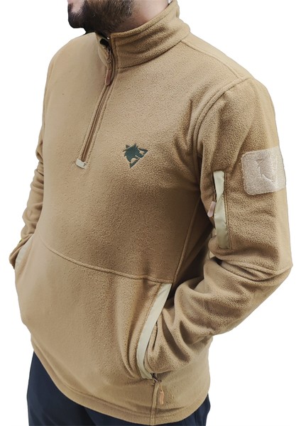 Bej Renk Sıcak Tutan Çeyrek Fermuarlı Polar Kazak, 2 Cepli Yumuşak Sweatshirt indirimleri