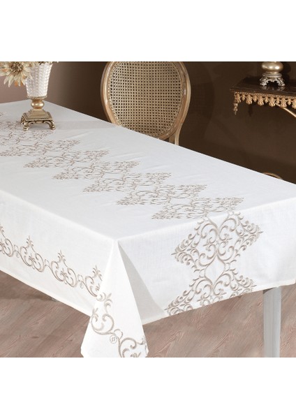 Venedik Gardenya Krem Kumaş Kahve Nakışlı Masa Örtüsü