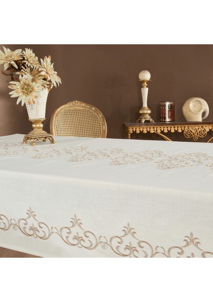 Venedik Gardenya Krem Kumaş Kahve Nakışlı Masa Örtüsü modelleri