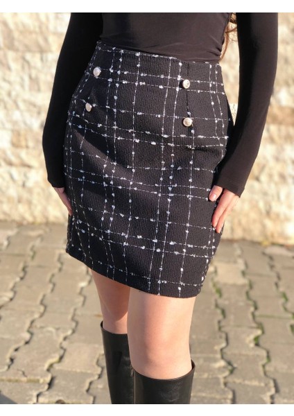 Kadın Gold Düğmeli Fermuarlı Astarlı Tüvit Etek