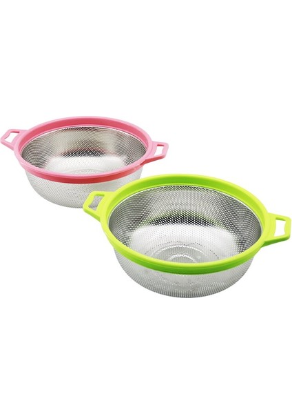 21 Cm Renkli Plastik Çerçeve - Kulplu Çelik Sepet Metal Süzgeç