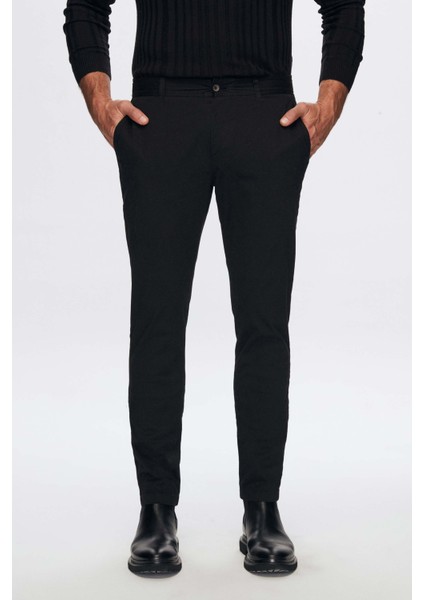 Slim Fit Siyah Armürlü Chino Pantolon
