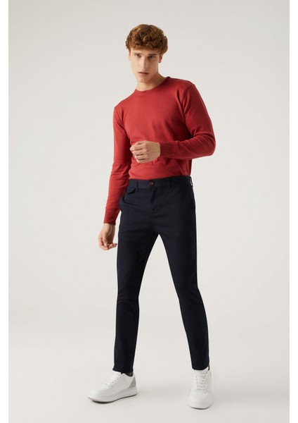 Silim Fit Lacivert Armürlü Chino Pantolon