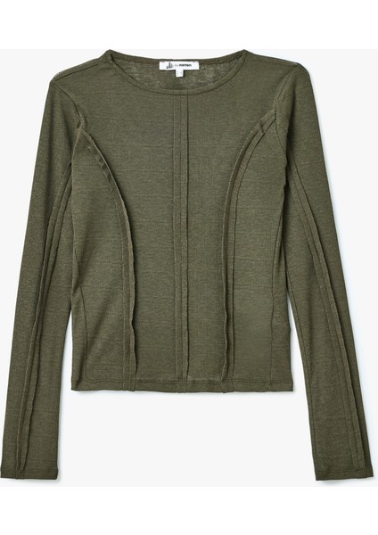 Nervür Detaylı Kayık Yaka Uzun Kollu Slim Fit Tişört