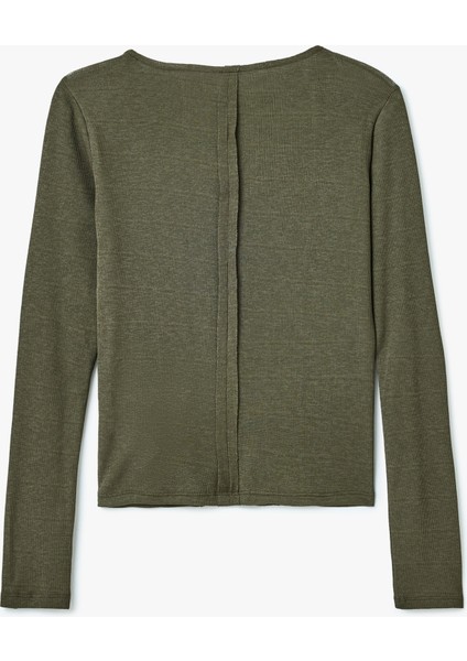 Nervür Detaylı Kayık Yaka Uzun Kollu Slim Fit Tişört