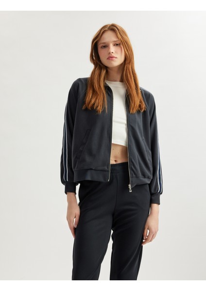 Modal Karışımlı Çizgili Cepli Dik Yaka Tam Fermuarlı Sweatshirt