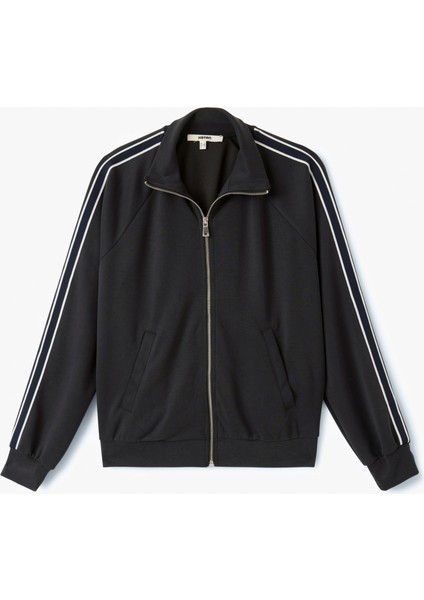 Modal Karışımlı Çizgili Cepli Dik Yaka Tam Fermuarlı Sweatshirt