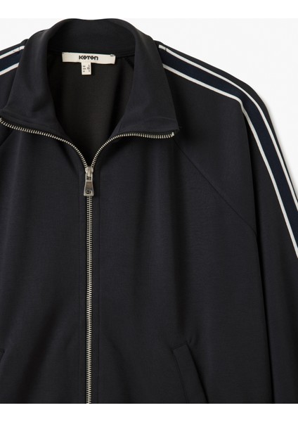 Modal Karışımlı Çizgili Cepli Dik Yaka Tam Fermuarlı Sweatshirt